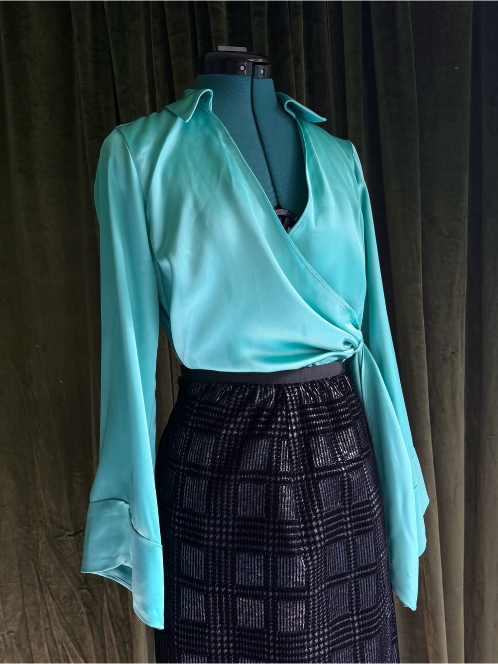 Zara Turquoise Wrap Satin Blouse - Women Tops